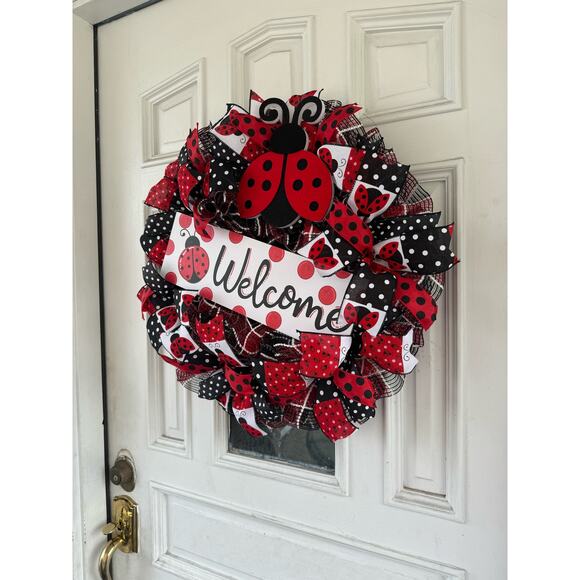 Welcome Ladybug Ribbon Deco Mesh Spring Summer Wreath, Front Door Hanger - Picture 7 of 8